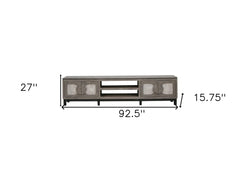 93" White Solid Wood Cabinet Enclosed Storage Distressed TV Stand with two cabinets and open shelves, dimensions 92.5" x 27" 