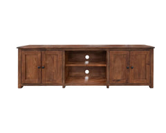 93" Brown Solid Wood Cabinet Enclosed Storage Distressed TV Stand with two cabinets and open shelves for media storage.