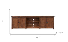 93" Brown Solid Wood Cabinet Enclosed Storage Distressed TV Stand with two cabinets and open shelf, measuring 27" high and 15