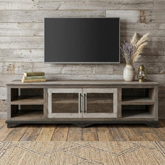 93" Brown Solid Wood Cabinet Enclosed Storage Distressed TV Stand with glass doors, shelves, and rustic wood backdrop.
