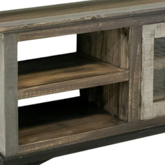 93" Brown Solid Wood Cabinet Enclosed Storage Distressed TV Stand featuring open shelves and a rustic finish.