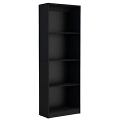 Set of two black wood multi-tier bookcases with four shelves each, designed for stylish storage and display.