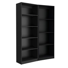Set of two black wood multi-tier bookcases with multiple shelves for storage and display. Modern and sleek design.