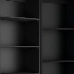 Set of two black wood multi-tier bookcases with multiple shelves for storage and display. Modern and sleek design.