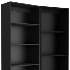 Set of two black wood multi-tier bookcases with open shelves for storage and display. Modern design and sleek finish.
