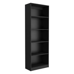 Set of two black wood multi-tier bookcases with five shelves each, designed for stylish storage and organization.