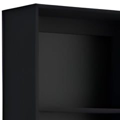Set of two black wood multi-tier bookcases with a sleek design and spacious shelves for storage and display.