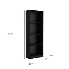 Set of two black wood multi-tier bookcases with four shelves each, measuring 71.1" tall, 24.7" wide, and 11.7" deep.