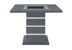 47" dark gray square bar table with silver and black glass faux crystal accents and a wood base. Modern and stylish design.