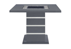 47" Dark Gray Silver and Black Glass Faux Crystal and Wood Square Bar Table with a sleek design and decorative accents.