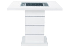 47" white, silver, and black glass faux crystal and wood square bar table with a sleek design and decorative accents.