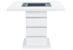 47" white, silver, and black glass square bar table featuring faux crystal accents and a sleek wood base.