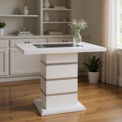 47" White Silver And Black Glass Faux Crystal And Wood Square Bar Table with a sleek design and decorative accents.