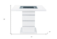 47" white, silver, and black glass faux crystal and wood square bar table with a sleek design and modern aesthetic.