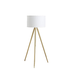 Gold metal adjustable tripod floor lamp with a white linen drum shade, featuring sleek, modern design and three slender legs.