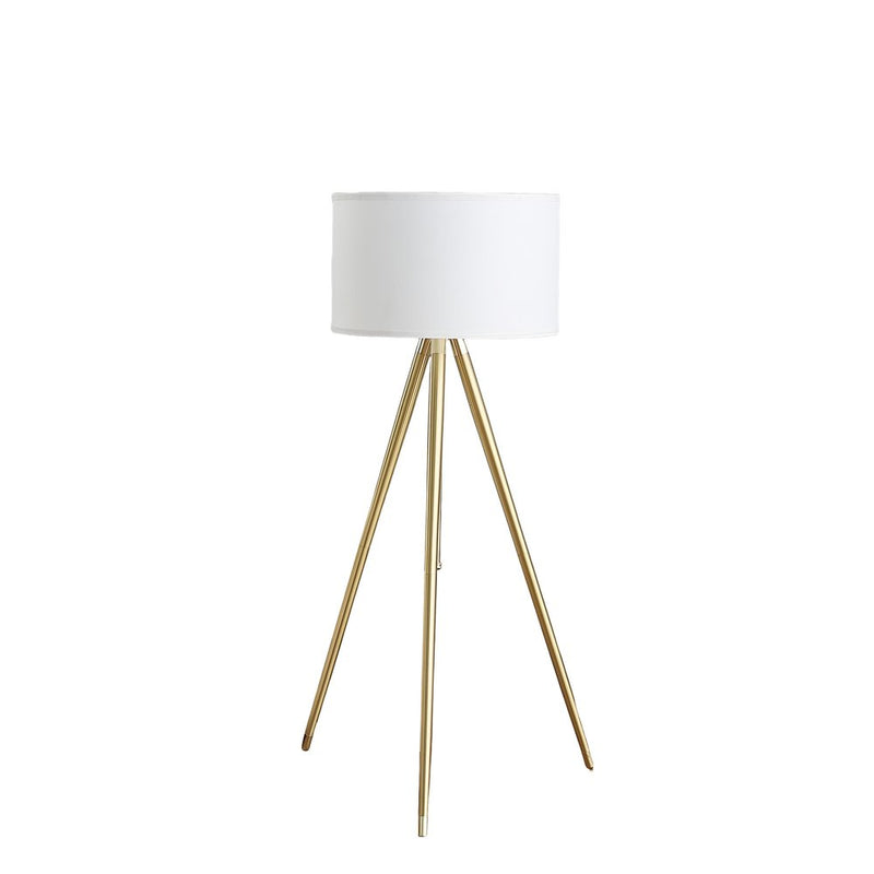Gold metal adjustable tripod floor lamp with a white linen drum shade, featuring sleek, modern design and three slender legs.
