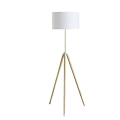 Gold metal adjustable tripod floor lamp with a white linen drum shade, featuring three sleek legs for stability.