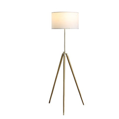 Gold metal adjustable tripod floor lamp with a white linen drum shade, featuring three sleek legs for stability and style.