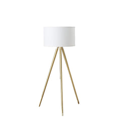 Gold Metal Adjustable Tripod Floor Lamp with White Linen Drum Shade, featuring three sleek legs and a modern design.