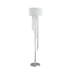 66" Clear And Silver Crystal And Metal Floor Lamp With White Linen Drum Shade