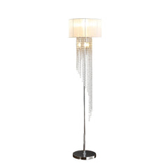 66" Clear And Silver Crystal And Metal Floor Lamp With White Linen Drum Shade