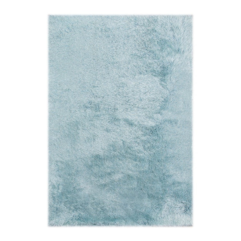 Sky blue area rug measuring 9' x 14', featuring a soft, plush texture and a solid color design.