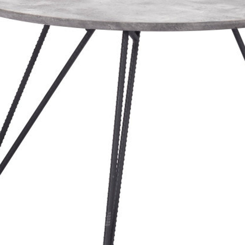 Gray and black round nested coffee table with a wood top and steel legs, featuring a modern design and sleek finish.