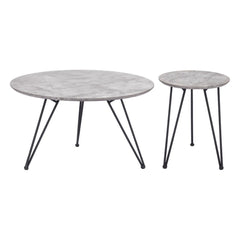 Set of two round nested coffee tables featuring gray and black wood tops with sleek steel legs. Ideal for modern decor.