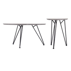 Set of two round nested coffee tables featuring gray and black wood tops with sleek steel legs. Modern design for versatile u