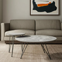 Set of two gray and black round nested coffee tables with steel legs, placed in a living room setting near a sofa.