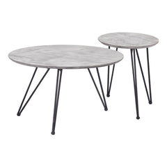 Set of two gray and black round nested coffee tables with steel legs and a smooth surface. Ideal for modern decor.