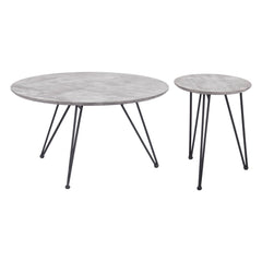 Set of two round nested coffee tables featuring gray and black wood tops with sleek steel legs. Ideal for modern decor.
