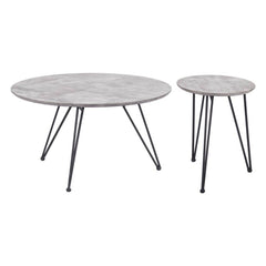 Set of two round nested coffee tables in gray and black wood and steel, featuring sleek, modern design with slender legs.