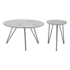 Set of two round nested coffee tables in gray and black wood with steel legs, featuring a modern design and varying sizes.