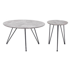 Set of two round nested coffee tables featuring gray wood tops and black steel legs, one larger and one smaller.
