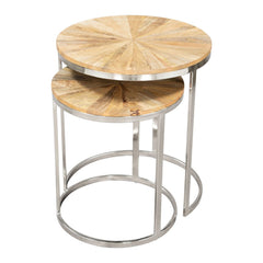 Set of two natural solid wood and iron round frame nested tables with a geometric design and silver metal legs.