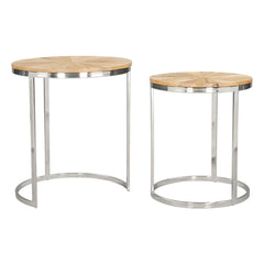 Set of two natural wood and silver iron round frame nested tables with a minimalist design and circular bases.