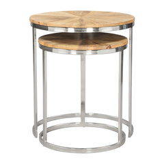 Set of Two Natural And Silver Solid Wood And Iron Round Frame Nested Tables