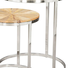 Set of two nested tables featuring natural wood tops and silver solid iron round frames, showcasing a modern design.