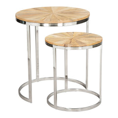 Set of two round nested tables featuring natural wood tops with a starburst design and silver iron frames.