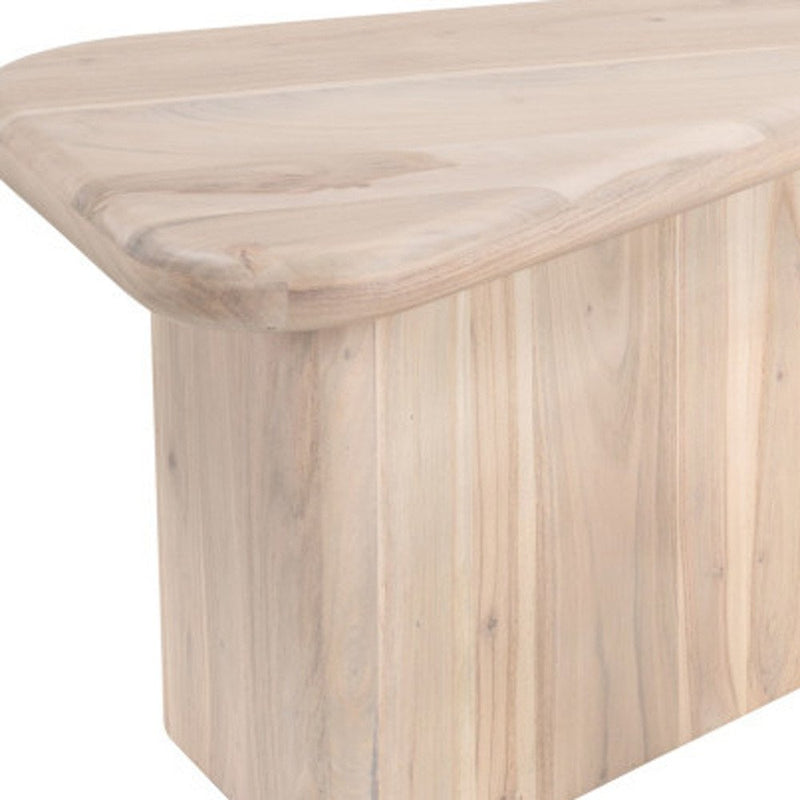 Set of two natural solid wood triangle pedestal nested coffee tables with a smooth, rounded edge design.