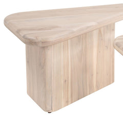 Natural solid wood triangle pedestal coffee table with smooth edges and a minimalist design, showcasing a light wood finish.