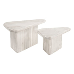 Set of two natural solid wood triangle pedestal nested coffee tables in a light finish, featuring smooth, rounded edges.