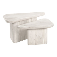 Set of two natural solid wood triangle pedestal nested coffee tables with a light finish and smooth, rounded edges.