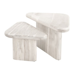 Set of two natural solid wood triangle pedestal nested coffee tables with a light finish and smooth surfaces.
