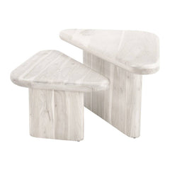 Set of two natural solid wood triangle pedestal nested coffee tables in a light finish, showcasing a modern design.