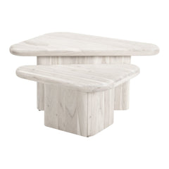 Set of two natural solid wood triangle pedestal nested coffee tables in a light finish, showcasing smooth edges and a minimal
