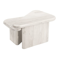 Set of two natural solid wood triangle pedestal nested coffee tables with a smooth, light finish and modern design.
