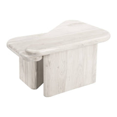 Set of two natural solid wood triangle pedestal nested coffee tables in a light finish, featuring smooth edges and a modern d