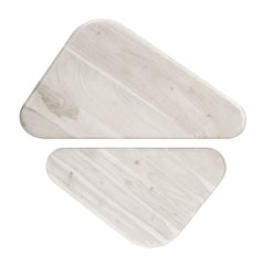 Set of two natural solid wood triangle pedestal nested coffee tables with a light finish and smooth surfaces.
